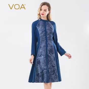 

VOA Silk 46MM Sky Mix Material Stitching Half-Collar Raglan Sleeves Deep Blue Stripes Symmetric Rolloff Dress A10818