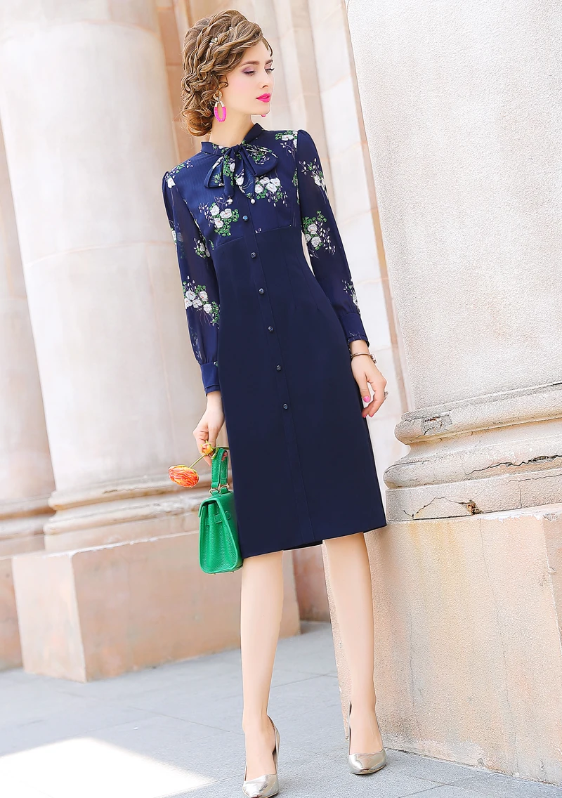 Elegant Floral Knee-Length Office Dress in Dresses