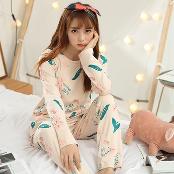 

2020 Autumn 100% Cotton Pajama Sets for Women Long Sleeve Pyjama Sleepwear Girls Cute Print Homewear Female Lounge Home Clothing