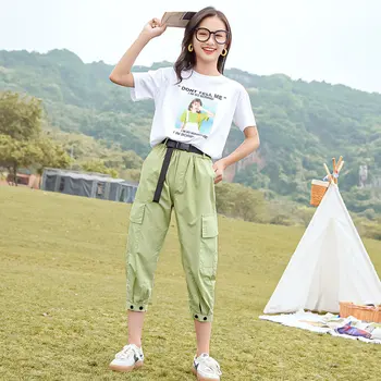 

Teens Fashion Clothes Set Letter Print T-Shirt + Casual Pants with Belt Two-Piece Clothes for Girls Age 8 10 11 12 14 Years Old