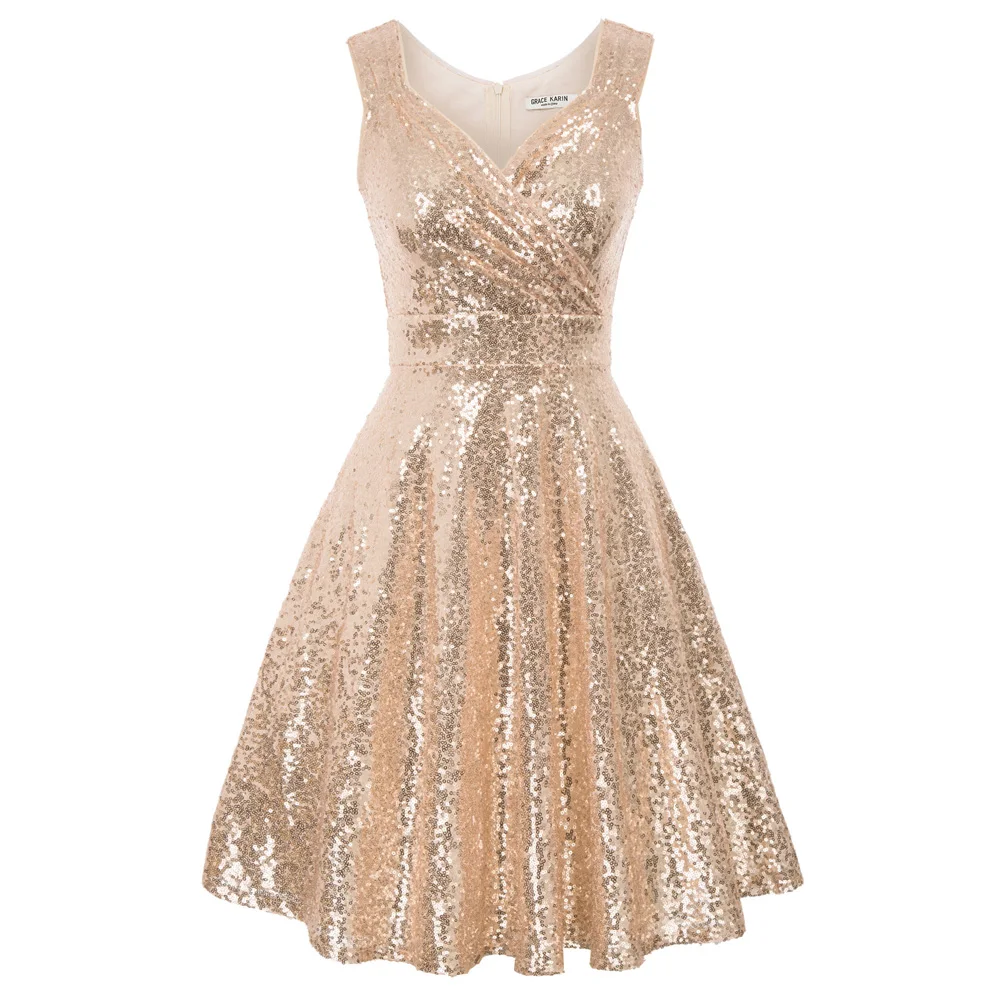 

Woman Shiny Sparkling Party Dress Female Elagant Evening V-Neck Flared A-Line Clubwear Cocktail Sleeveless Dress