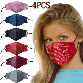 

4PCS Cotton Reuse Fabric Face Mask Fashion Colored Solid Adult Unisex Rhinestone Design Mask Masques Lavables Homme Bijoux Femme