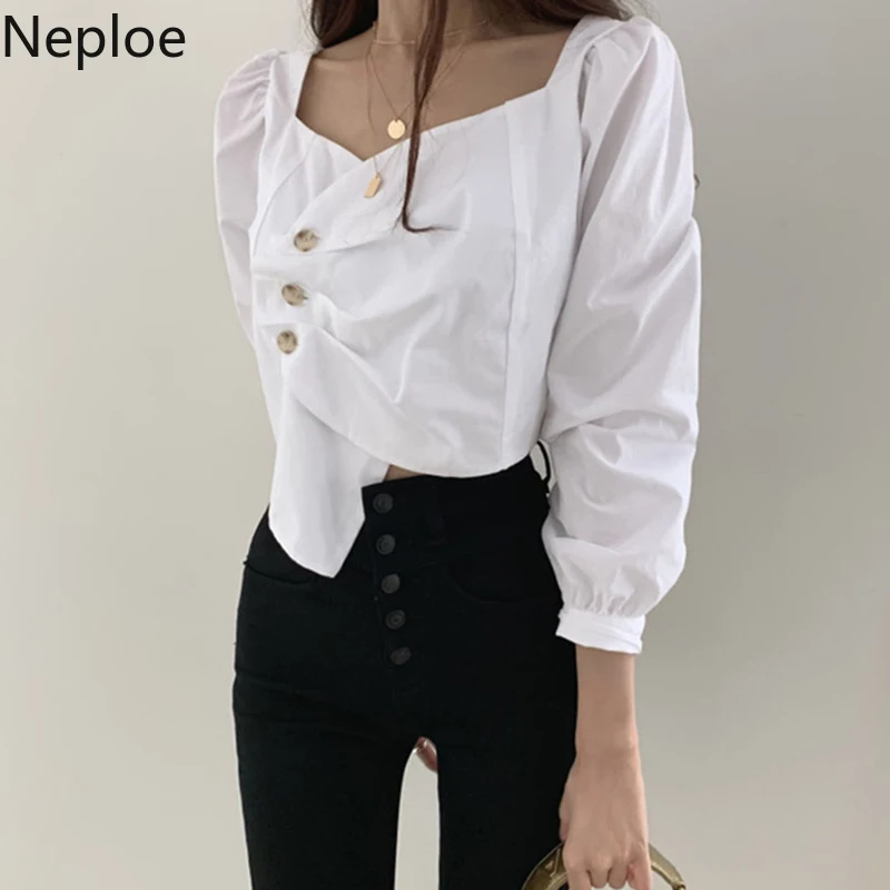 Neploe, шикарная, высокая талия, тонкая, короткая блузка, плиссированная, неровная, одноцветная, Blusas Mujer, на осень и весну, сексуальная, открытая, воротник, рубашка