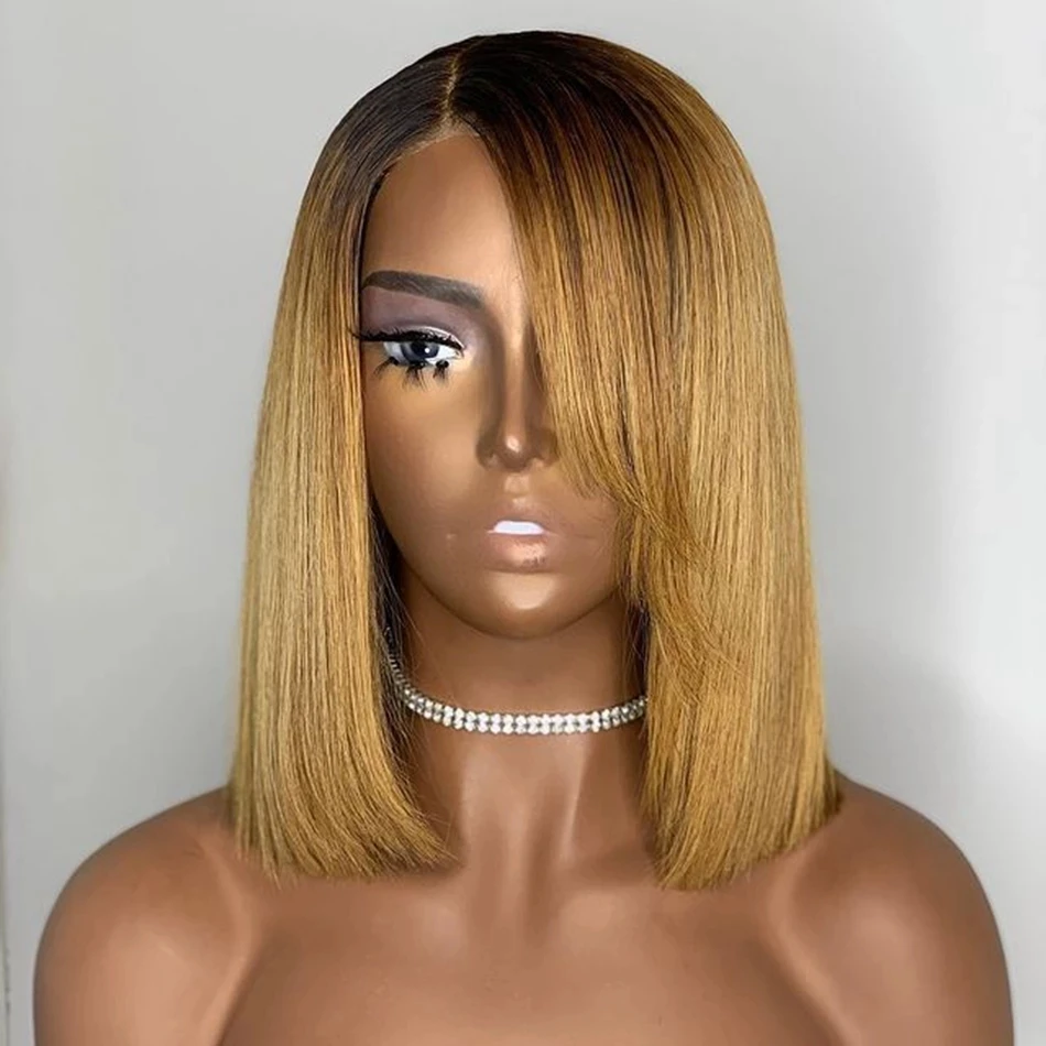 Honey Blonde Ombre Silky Straight with side Bangs 360 13x6 Lace Front Human Hair Wigs 150% Full Lace Fringe Wig Transparent Lace