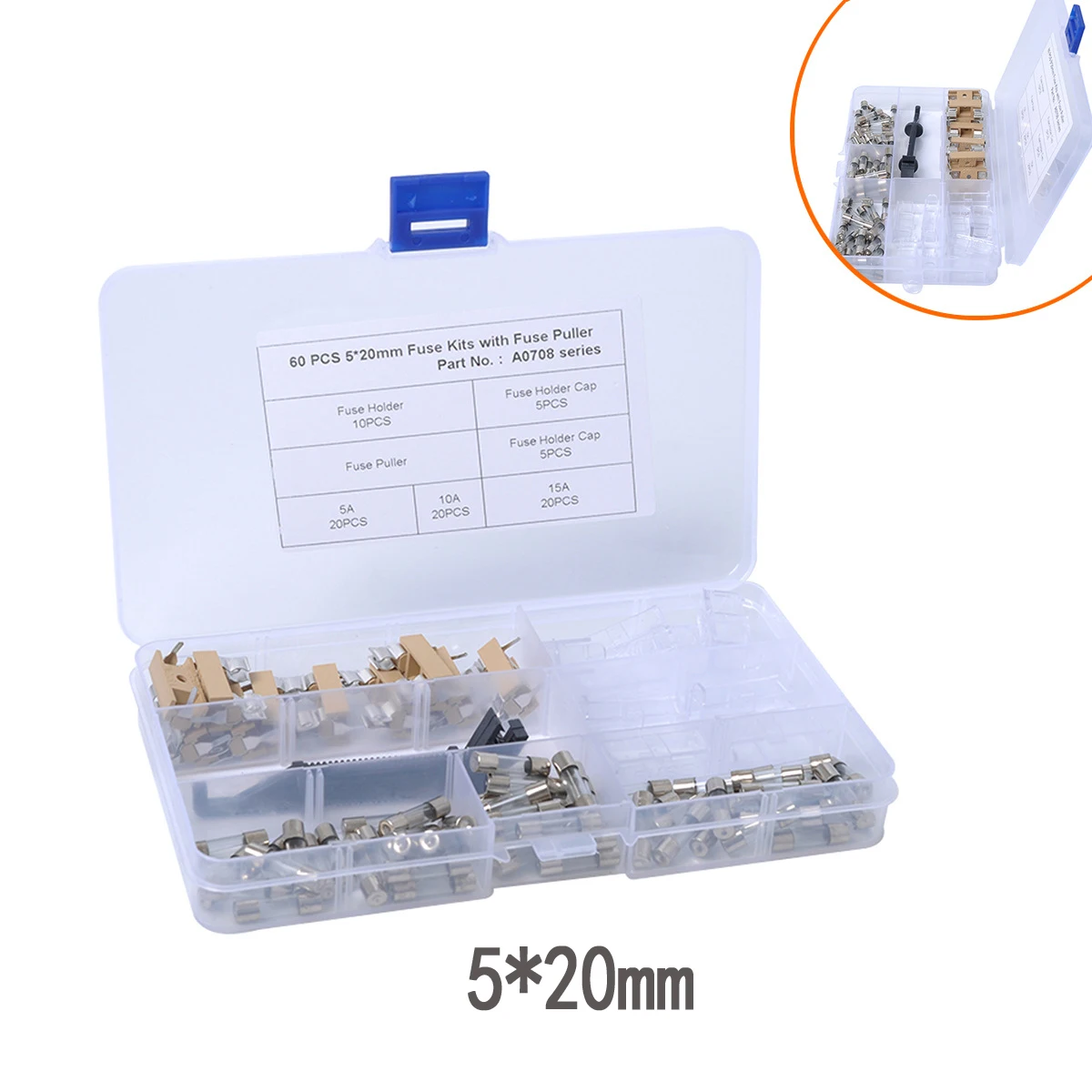 

60 шт. Универсальный 5A 10A 15A M5 * 20 мм Стеклянная трубка в форме автомобиля с плавким предохранителем с крепление панели PCB зажим плавкого предохранителя Наборы