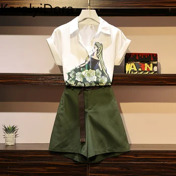 

Summer Women Sets Plus Size 2-Pieces Sets Short Sleeve Flower Print Chiffon Shirt+Sashes Shorts Cute Mini Pant Set Vintage Suit