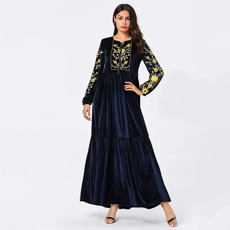 Abaya вельветовые длинные платья женские мусульманские платья Кафтан абайя вышивка Этническая кисточка макси платья осень плюс размер 4XL
