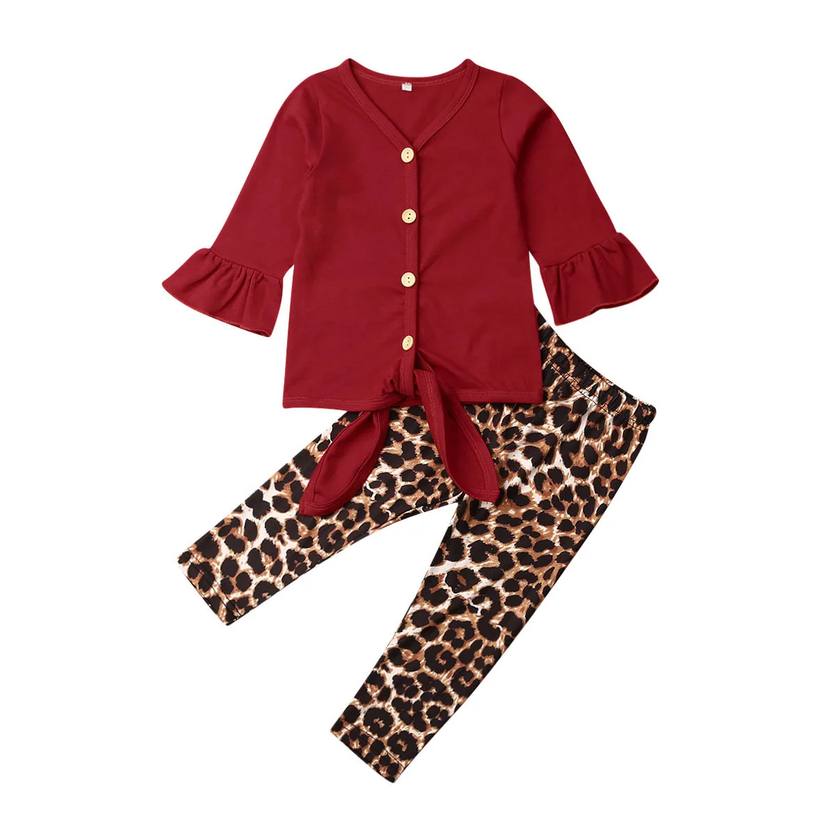 Focusnorm/Новая модная осенняя одежда для маленьких девочек ясельного возраста Однотонная футболка Топы+ длинные штаны с леопардовым принтом комплект из 2 предметов - Цвет: A