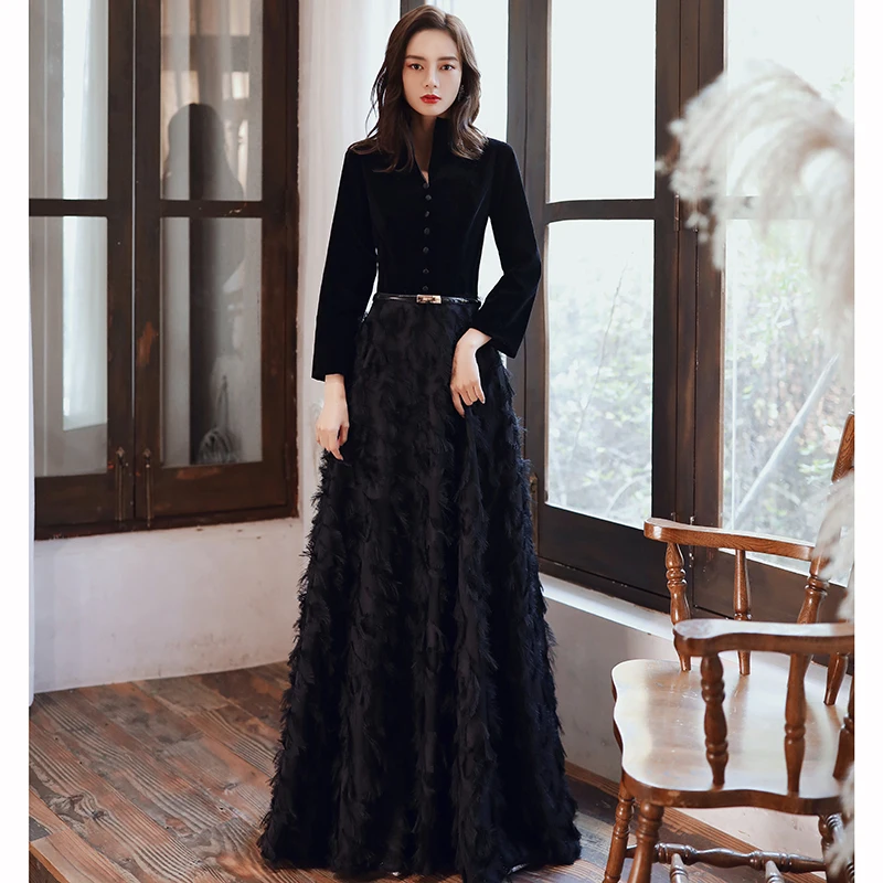 Tanie Wei yin AE0349 czarne eleganckie aksamitne długie suknie wieczorowe na sklep