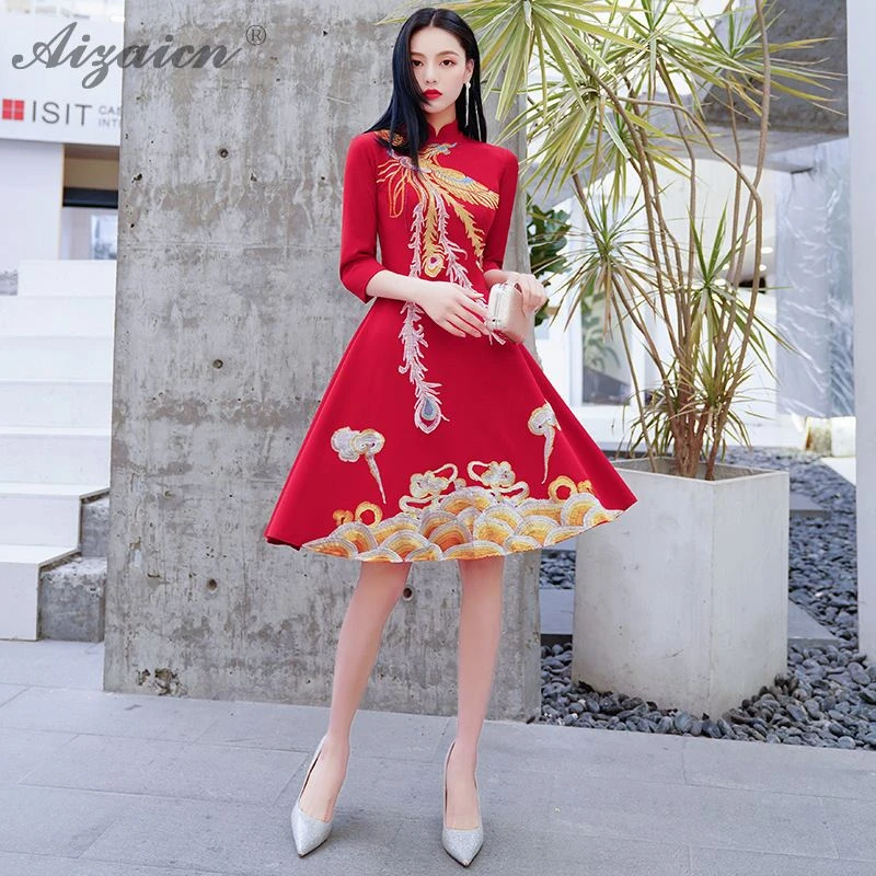 

Oriental Style Retro A-Line Skirt Dresses Qi Pao Women Chinese Evening Dress Cheongsam Red Bride Marry Vintage Gown Qipao