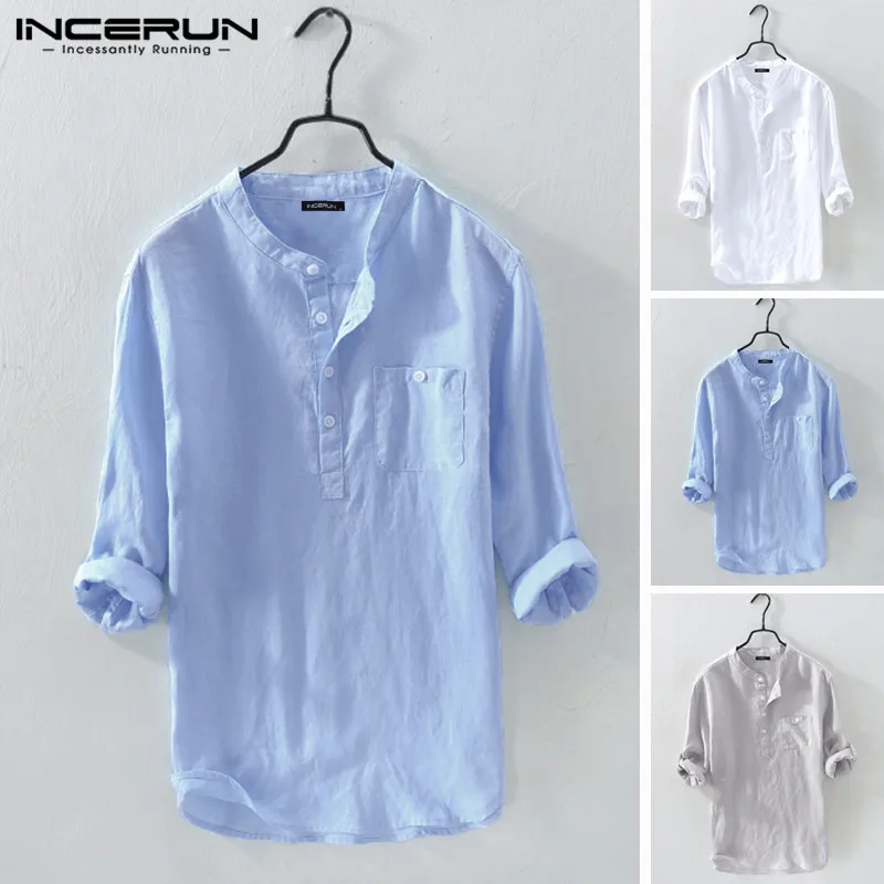 

INCERUN New Fashion Men's Pullover Stand Collar Sleeve Sleeve Solid Color Summer Thin Shirt Retro Casual Loose Literary Camisas