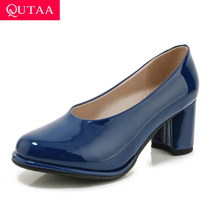 

QUTAA 2020 PU Patent Leather Slip on Square High Heel Women Pumps Spring Round Toe Fashion Women Single Shoes Big Size 34-43