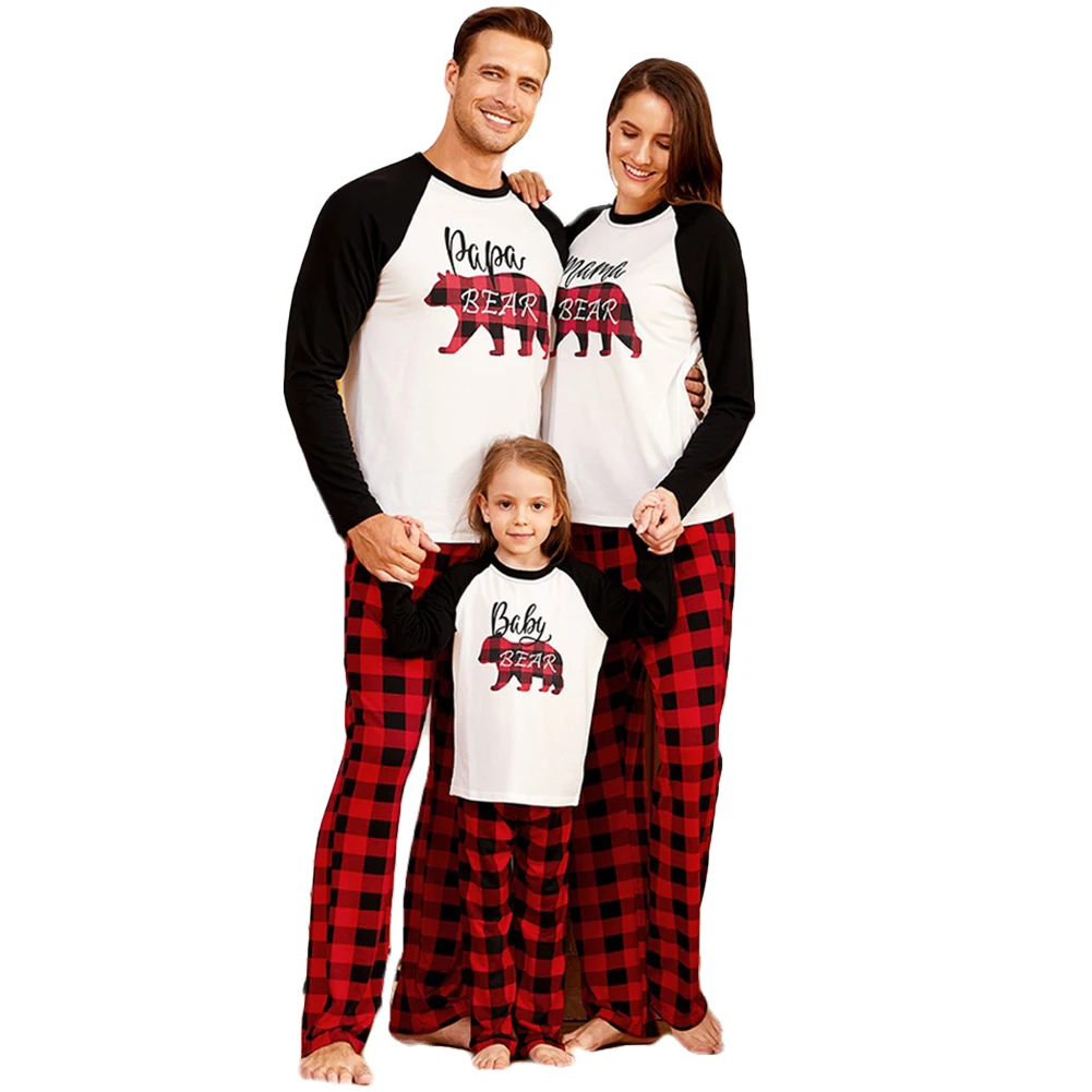 

Family Matching Christmas Pajamas Set Raglan Long Sleeve Letter Printed Top + Plaid Pants Set Sleepwear