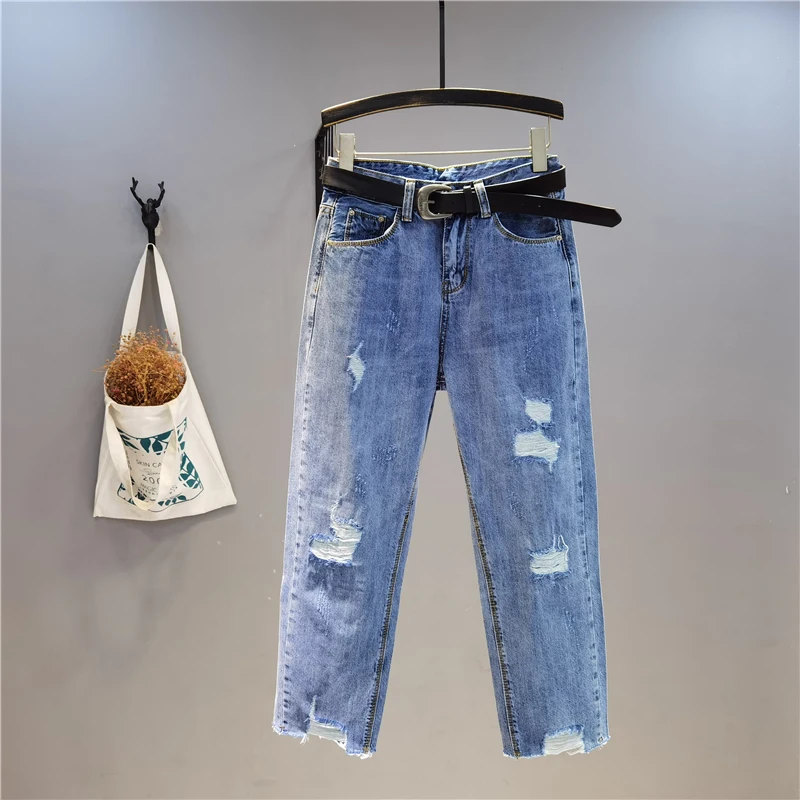 Spring New Fashion Fringed High-Waist Jeans for Women Super Fire Ripped-Style Mom Jeans Simple Village Jeans