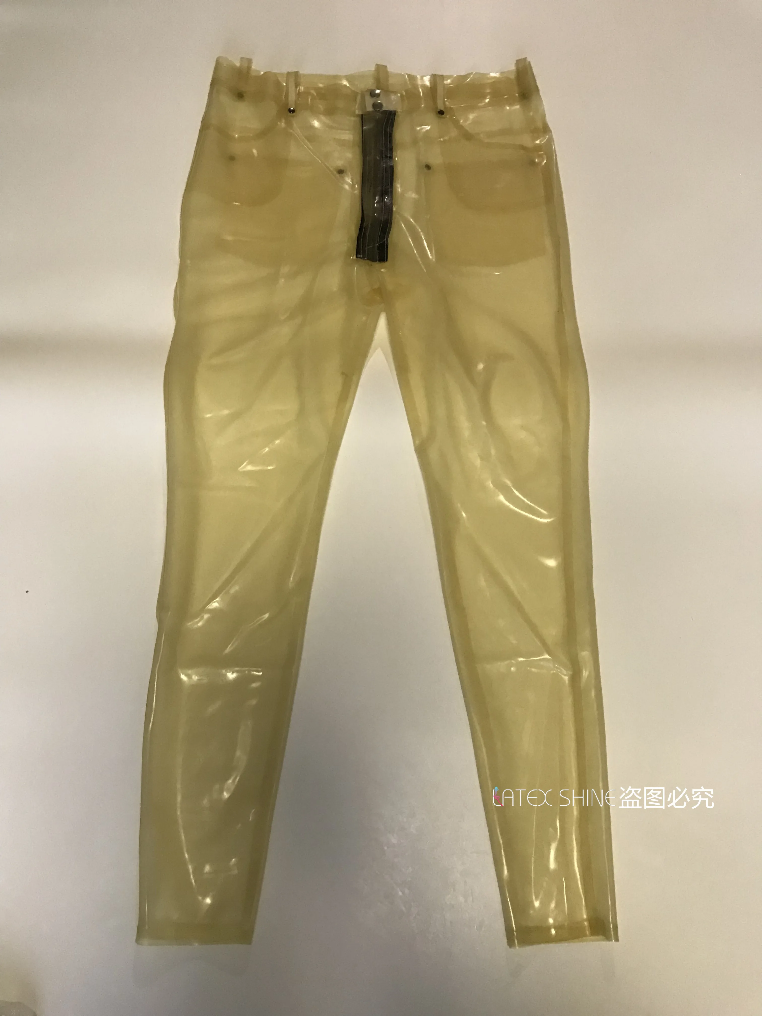 Men Transparent Latex Fetish Pants Rubber Jeans Pockets Belt Front Zipper Sexy