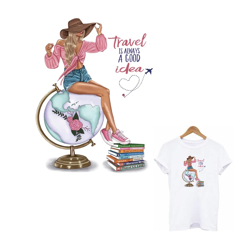 Iron On Transfer Clothes Travel Girl Vinyl Stickers Diy Heat Parches For T-Shirts New Globe Book Patch Thermal Press | Дом и сад