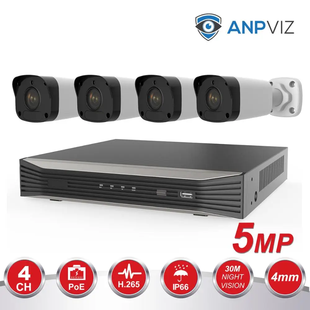 Anpviz H.265 4CH POE NVR KIT CCTV Security System 2/4PCS 5MP CCTV Bullet IP Camera P2P Video Surveillance Set