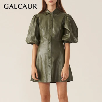 

GALCAUR Elegant PU Leather Dress For Women Lapel Collar Puff Sleeve High Waist Mini Dresses Female 2020 Spring Fashion Clothing