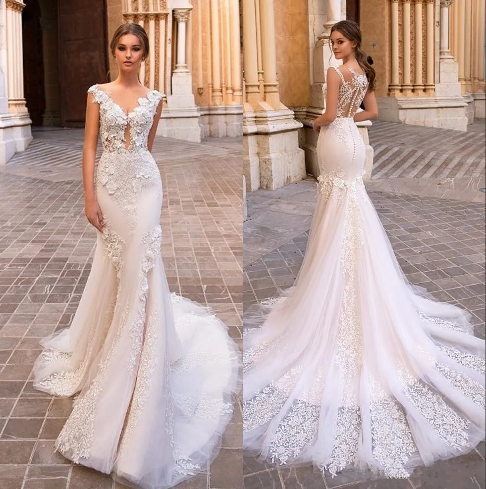 

2019 Gorgeous Mermaid Lace Wedding Dresses Sheer V-Neck Cap Sleeves Bohemian Bridal Gowns Appliqued Plus Size Vestidos De Novia