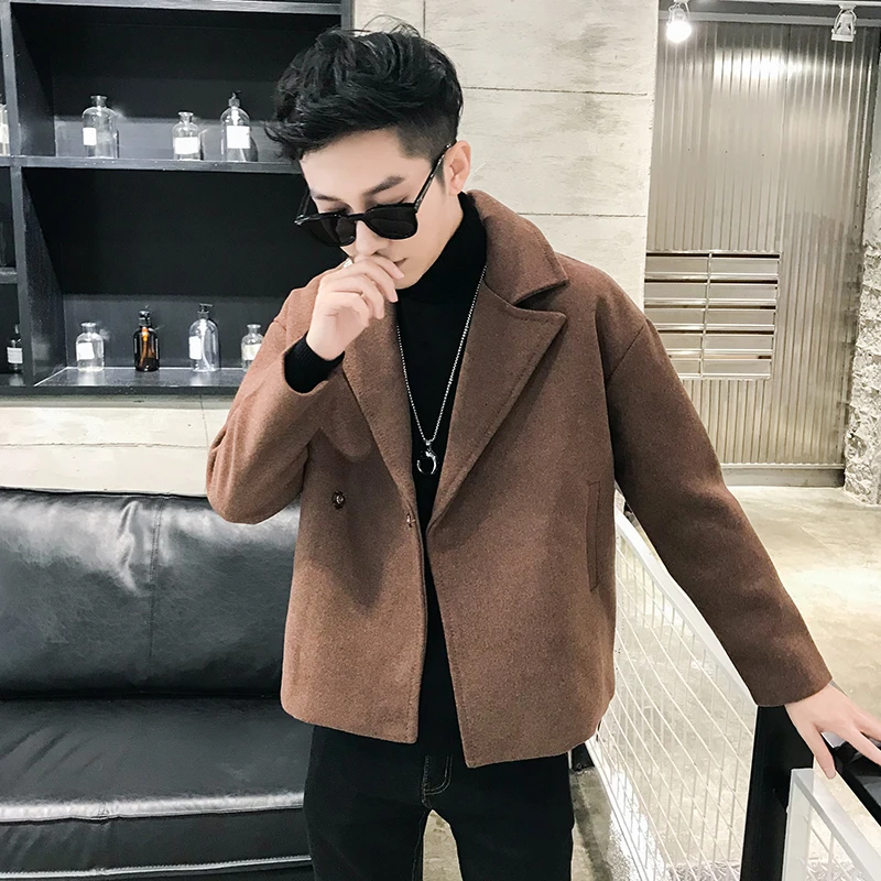 Short Woolen Coat Men's Slim Fashion Solid Color Casual Woolen Jacket Men Streetwear British Wind Woolen Coat Male Overcoat