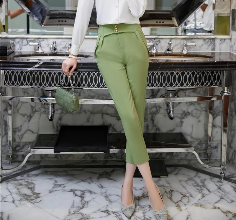 Novelty Green Ladies Office Work Wear Slim Hips Pencil Pants Autumn