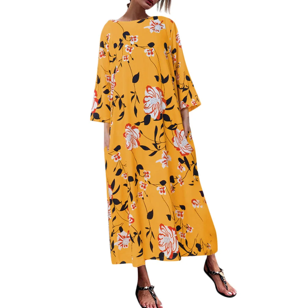 

New Design Plus Size Winter Autumn Women Floral Print Long Dress Bohemian O-Neck Oversize Kaftan Long Maxi Dress