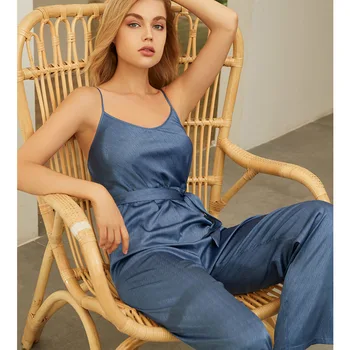 

New Women's Pajamas High Quality Fashion Ocean Blue Sling Overalls Suits Luxury Simulation Silk Home Leisure Casual Clothes