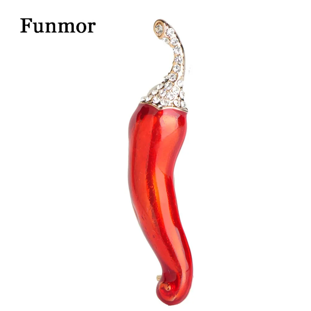 

Funmor Enamel Red Chili Shape Brooch Hijab Pins Gold-Color Crystal Rhinestone Suit Hat Dress Accessory Plant Brooches For Women