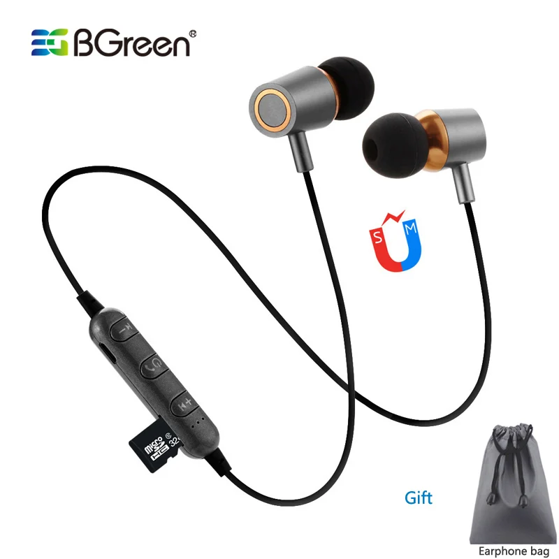 

BGreen Magnet Bluetooth Sport Earphones Running Sports Headset Built in MP3 Player Micro SD TF Card Playback Hands free Call