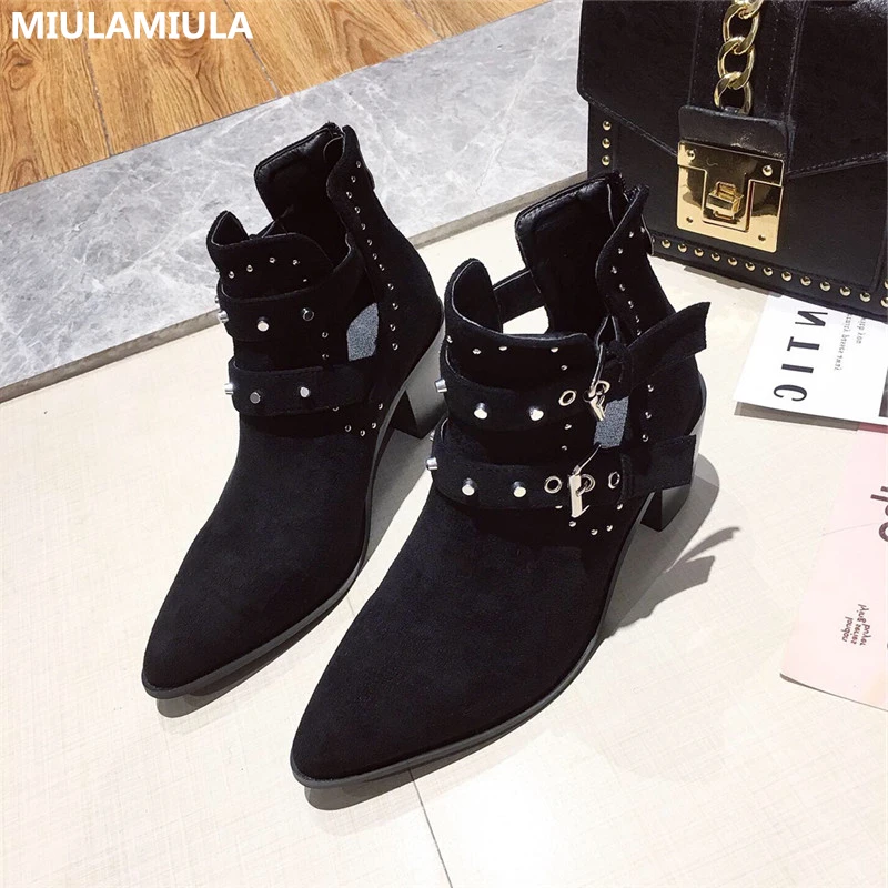 

MIULAMIULA Brand Designers 2019 Winter Luxury Rivet Double Metal Buckle Decoration High Heels Lady Suede Boots Zipper Size 35-41