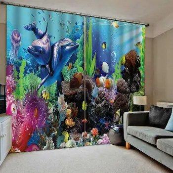 

Blue ocean dolphin curtains Blackout curtain Drapes Living room Bedroom Decor 2 Panels HooksWindow Curtains