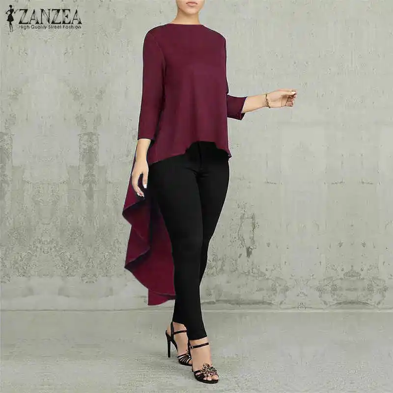 A Solid Wine Red Асимметричное Платье-туника Топ Для женщин Блузка Весна сорочка ZANZEA плиссированная рубашка с длинными рукавами Женский «ласточкиным хвостом» Блузы больших размеров - Цвет: A Solid Wine Red