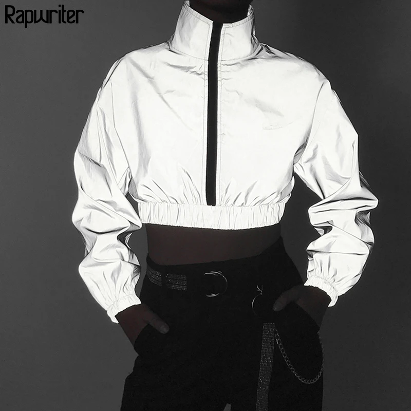 

Rapwriter Fashion Turtleneck Reflective Crop Jacket Women Fit Waist 2019 Autumn Streetwear Long Sleeve Bomber Jacket Zipper Coat