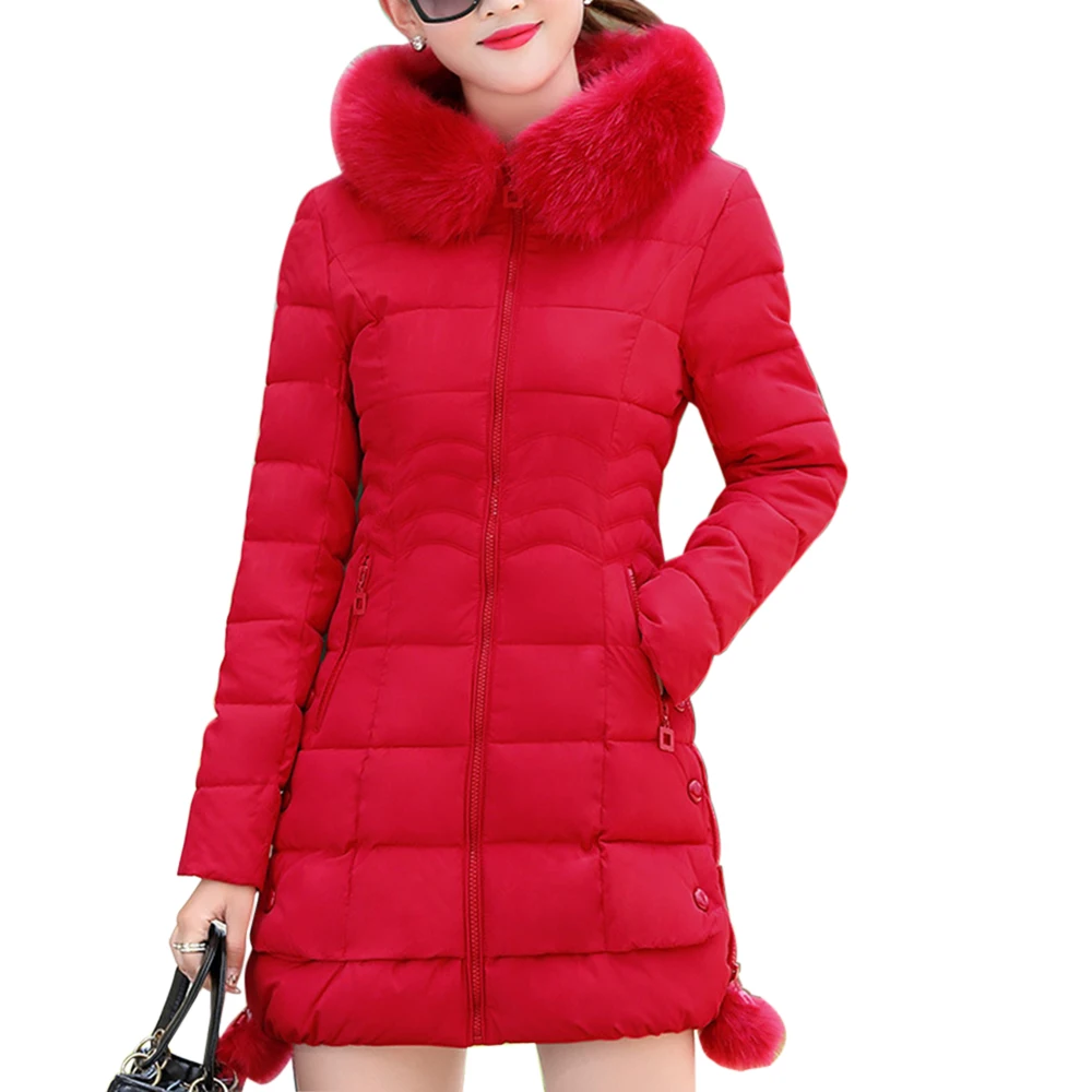 Oeak, зимняя куртка, женская, теплая, с капюшоном, с меховым воротником, Повседневная парка, пальто, однотонный, с хлопковой подкладкой, на молнии, с карманом, красная парка, Женская куртка - Цвет: Red 2