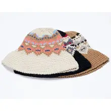 Женская зимняя вязаная крючком шапка с широкими полями для девочек, этническая винтажная волнистая полосатая жаккардовая Складная флоппи теплая Рыбацкая шапка
