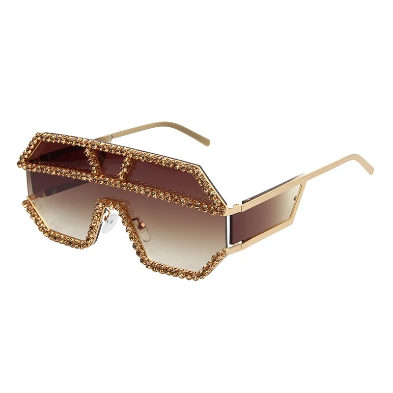 Мода 47165, стразы, негабаритные, одна линза, стразы, солнцезащитные очки для мужчин и женщин, Кристальные, геометрические узоры, солнцезащитные очки, UV400 - Цвет линз: brown