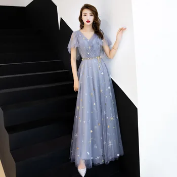 

Beads Sequins Women Mesh Gown V-neck Mesh Sleeve Evening Party Dress 2020 Summer New Female Cheongsam Large Size Qipao