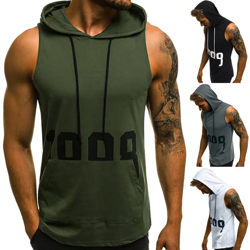 

Men Fitness Muscle Print Sleeveless Hooded Bodybuilding Pocket Tight-drying Tops fitness clothing gym clothing bodybuilding