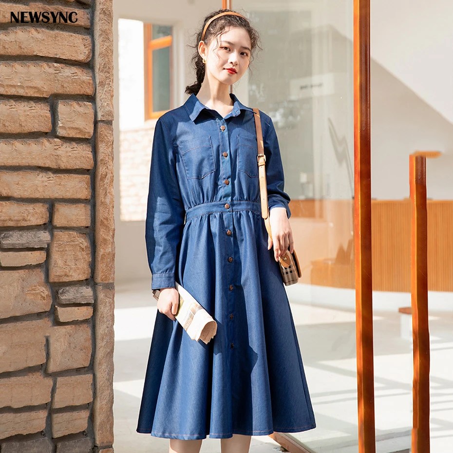 NEWSYNC Denim Dress Summer Spring Plus Over Size 2020 New Office lady Blue color Collect Waist Long Sleeve Female Party | Женская одежда
