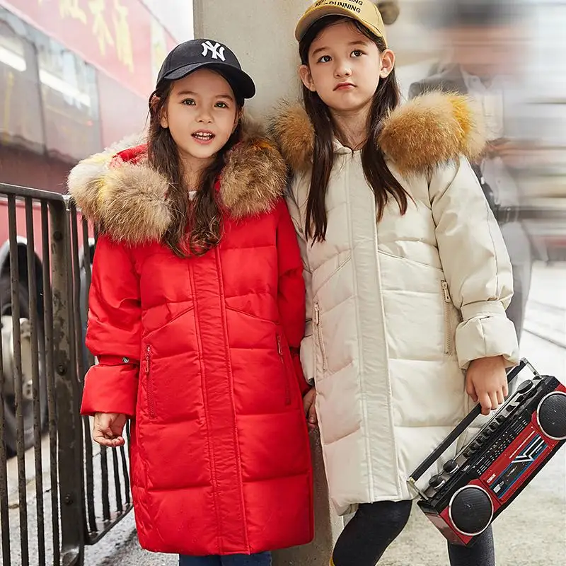 

2019 Fashion Girl Down Jacket Warm Long Model Children Down Parkas Coats Fur Kids Teenager Thickening Outerwear For Cold Winter