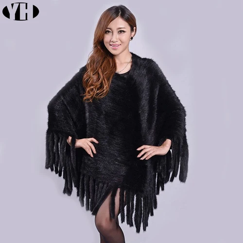 black Genuine real Mink Fur Shawl with tassel Knitted Real Fur Poncho Women Natural Fur Warp With Hood Winter Mink Fur - Цвет: black
