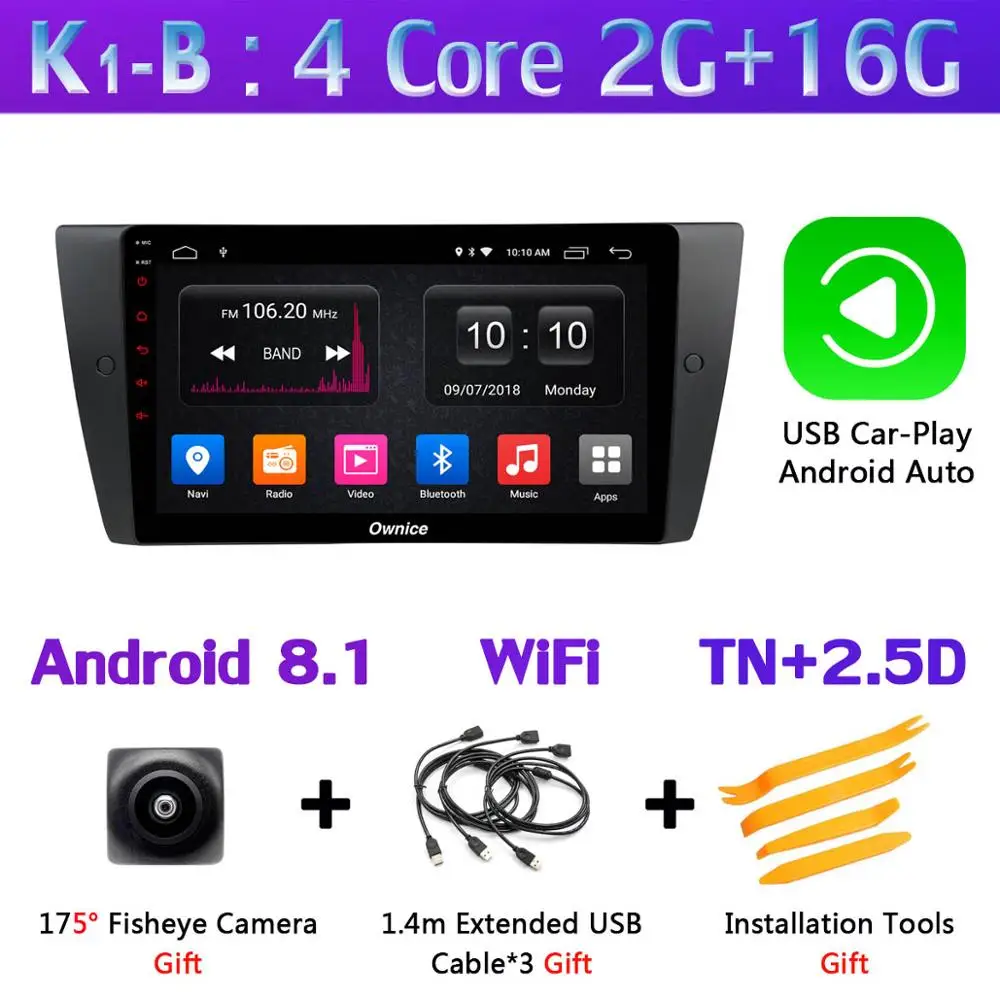 1DIN 360 ° камера 4G SIM WiFi Android 9,0 4+ 64G SPDIF DSP CarPlay автомобильный мультимедийный плеер для BMW E90 E91 E92 E93 3 серии gps радио - Цвет: K1-B-CarPlay