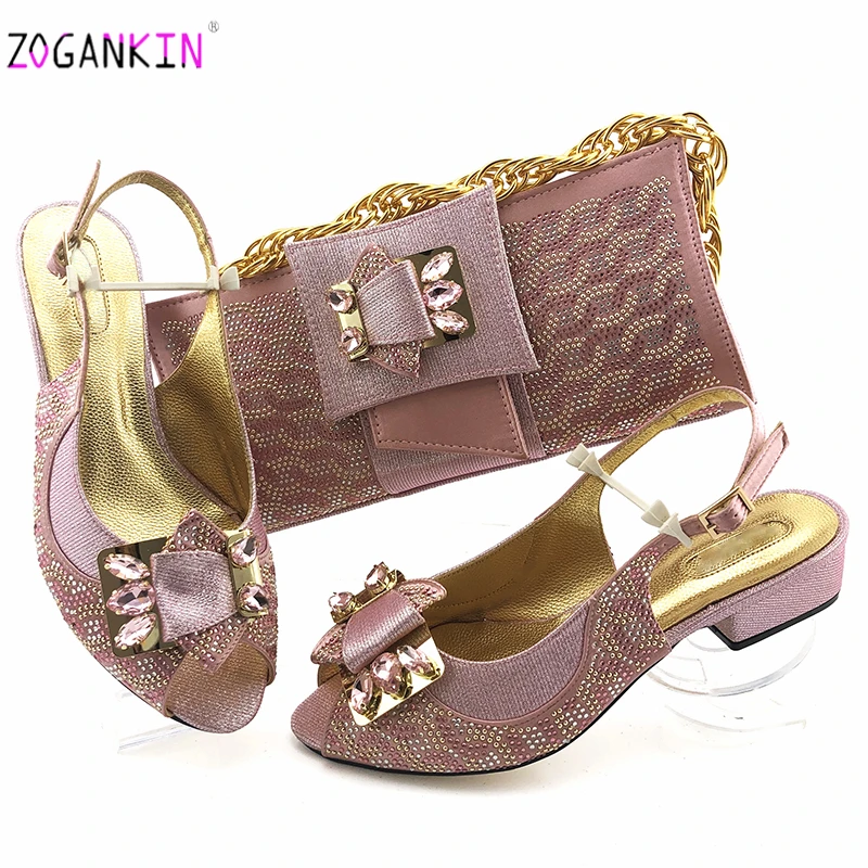 

Nigerian Woman Sandals Shoes With Purse Set Italian Mature High Heels Shoes And Bag Set Pink High Quality For Wedding Party
