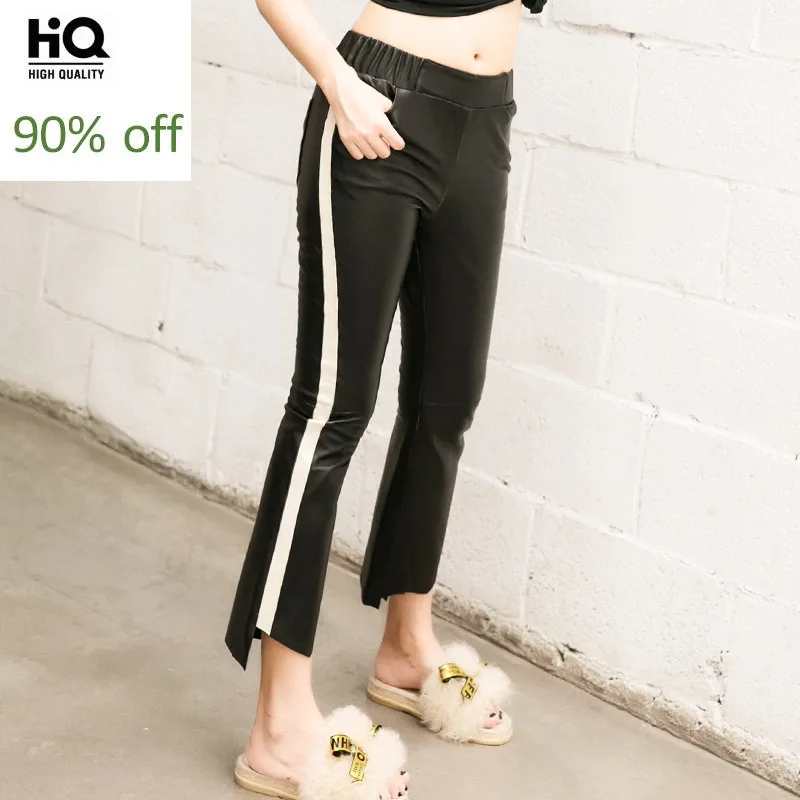 

Womens Genuine Leather Pants Summer 2020 New Fashion Slim Mid Elastic Waist Trousers High Quality Casual Ankle-Length Black Pant