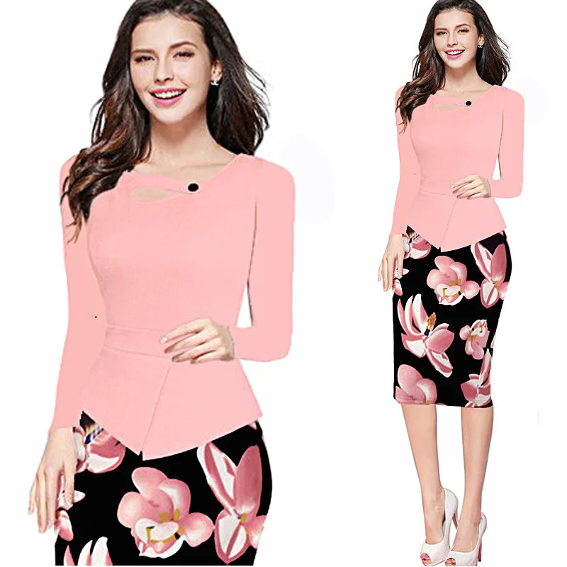 

2019 Autumn East Season Office Dress Stretch Print Round Neck Slim Long Sleeve Pencil Bag Hip Tight Dress Women Large Size Dress