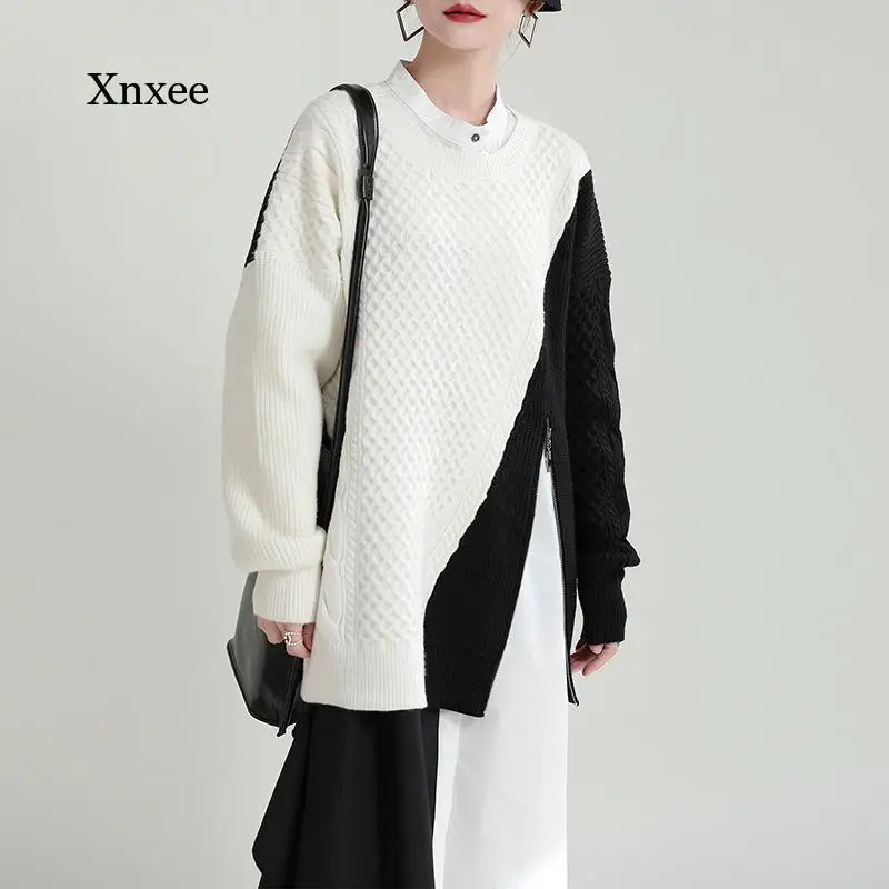 

Asymmetric Patchwork Sweater Zipper Split Chic Autumn Women's Knitting Tops O-Neck Pullover Oversize Long Sleeve Female Clothing