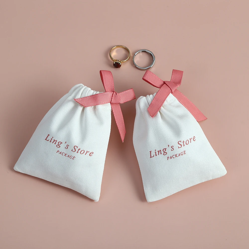 50pcs Custom Jewelry Packaging Pouch Cotton Canvas Drawstring Bags Personalized Logo Chic Small Jewellery Packaging with Ribbon