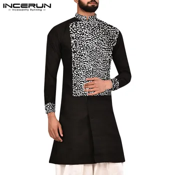 

INCERUN Men Shirt Long Sleeve Printed Patchwork Vintage Stand Collar Tops Streetwear Indian Kurta Casual Muslim Men Long Shirts