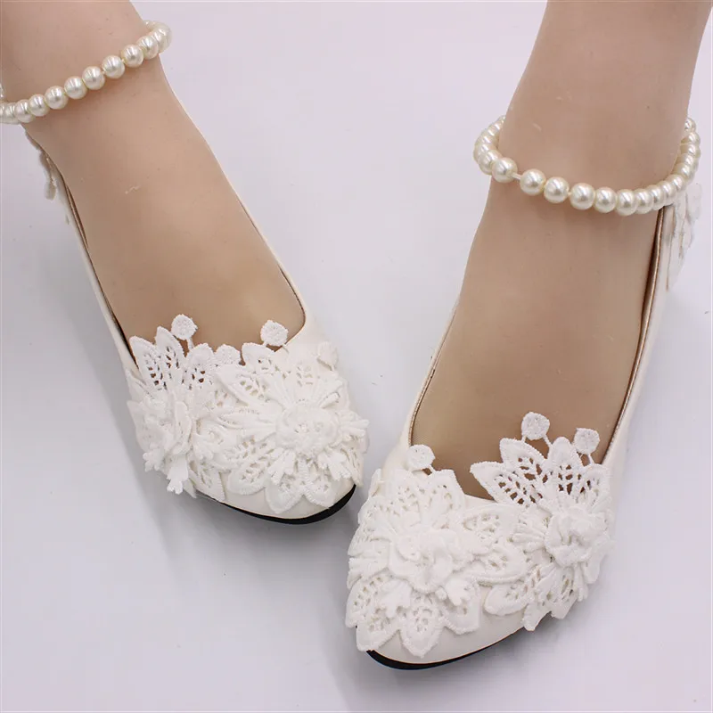 

BaoYaFang Bridal lace white wedding shoes three dimensional flower ankle pearl chain shoes