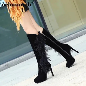 

Chic Women Feather Shoes Knee High Boots Woman Big Plus Size 43 Long Boot 12cm Stiletto Heel Platform Ins Celebrity Party Shoes